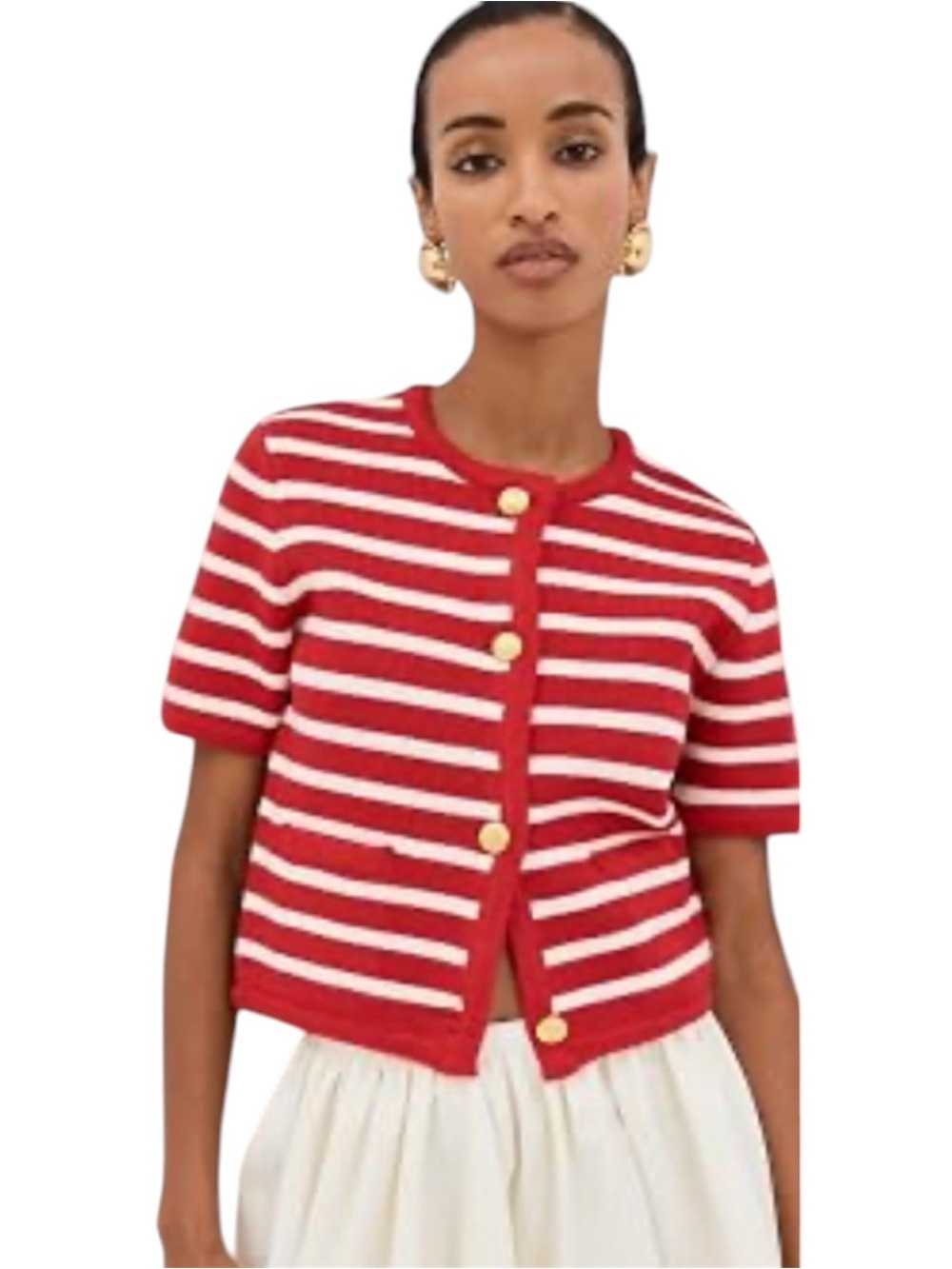 English Factory Red and White Striped Short Sleeve Knit Cardigan
